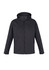 A soft shell jacket in dark grey featuring a hood and two side pockets, with a logo on the chest.