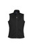 A black women's softshell vest with a high collar and a front zip, featuring a logo on the chest area.
