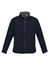 A navy jacket with a stand-up collar, featuring a zip front and side pockets, includes a logo.