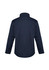 A navy men's softshell jacket featuring a high collar and long sleeves, with a logo on the back.