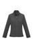 A soft shell women's jacket in a dark grey colour, featuring a collar and full zip, with side pockets and a logo.