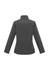A soft shell jacket in dark grey, featuring a simple design and a collar. Includes a logo on the back.