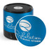 A blue Bluetooth speaker with a round top, featuring a logo and control buttons on the base.