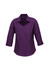 A purple women's 3/4 sleeve shirt with a collar and button-up front, featuring a logo.