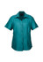 A short-sleeve button-up shirt in teal with a collar and a front button placket. It features a logo.