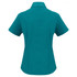 A teal short sleeve button-up shirt with a fitted silhouette and a collar. It features branding on the back.