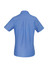 A short-sleeve women's chambray button-up shirt in light blue with a simple design and a logo on the back.