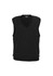 A black women's V-neck knit vest with a sleeveless design and a ribbed hem. Features a logo on the label.
