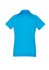 A short sleeve polo shirt in a bright blue colour, featuring a collar and a logo on the back.