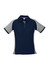 A navy blue women's polo shirt with short sleeves, featuring grey accents and a logo.