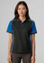 A women's polo shirt featuring short sleeves, in black with blue accents and a logo.