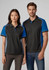 A black and blue women's short sleeve polo shirt with contrasting white accents and a logo.