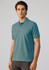 A men's short sleeve polo in teal, featuring a collar and buttons, modelled by a man. It has a logo.