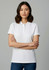A white women's short sleeve polo shirt featuring a classic collar and a logo.