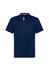 A navy short sleeve polo shirt featuring a collar, buttons, and a logo on the chest.