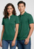 A pair of short sleeve polo shirts in green, featuring a subtle logo, displayed on male and female models.