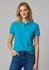 A woman wearing a vibrant teal short sleeve polo shirt, featuring a collar and buttons, paired with jeans.