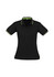A women's black polo shirt featuring short sleeves and green accents. The shirt has a collar and branding.