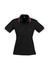 A black women's polo shirt with short sleeves and contrasting trim, featuring a collar and a logo.