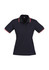 A navy short sleeve polo shirt with a contrasting red and white trim, featuring a branded logo.