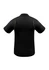 A black short sleeve polo shirt featuring a logo and contrasting yellow detailing on the sides.
