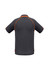 A grey short sleeve polo shirt featuring orange accents and a logo on the back.