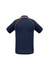 A navy blue short sleeve polo shirt featuring orange accents and a logo on the back.