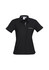 A women's short sleeve polo shirt in black, featuring a pocket and contrasting trim. It has a logo on the chest.
