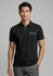 A black short sleeve polo shirt featuring a pocket and a logo. Plain design with a modern fit.