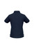 A navy blue women's micro waffle short sleeve polo shirt featuring a back view with a logo.