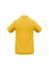 A yellow polo shirt with a classic collar and short sleeves, featuring a logo on the back.