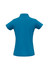 A blue ladies' polo shirt with a classic collar and short sleeves, featuring a logo on the back.