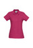 A pink ladies polo shirt with a classic collar, short sleeves, and a button placket. Features a logo on the front.