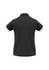 A black women's polo shirt with white accents on the sleeves and a small branding logo.