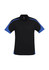 A black polo shirt with blue accents and a logo on the chest. Short sleeves and a classic collar design.