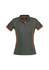 A women's polo shirt in dark grey with orange accents and a logo. Features short sleeves and a classic collar design.