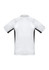 A men's short sleeve polo shirt in white and black, featuring a simple design and a logo on the front.