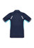 A navy blue short sleeve polo shirt with light blue accents and a logo on the front.