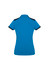 A blue women's polo shirt featuring navy accents on the shoulder and collar, with a logo on the front.