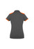 A women's short sleeve polo shirt in grey with orange accents and a logo on the back.