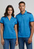 A women's short sleeve polo shirt in blue with navy accents, featuring a collar and a logo.