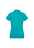 A women's short sleeve polo shirt in turquoise with a fitted design and a collar, featuring a branding logo.