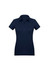 A navy blue women's short sleeve polo shirt with a collar and a logo on the chest.