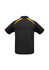A black short sleeve polo shirt featuring yellow splice detailing and a logo on the front.