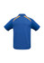 A blue polo shirt with short sleeves and yellow accents, featuring a logo on the back.
