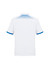 A white short sleeve polo shirt with blue accents and a patterned back design. It features a logo.