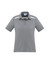 A women's short sleeve polo shirt in grey, featuring a light accent and a logo on the chest.
