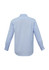 A light blue men's long sleeve button-up shirt featuring a collar and a plain design with a logo on the back.
