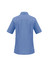A blue women's overblouse with short sleeves and a collar, featuring a branded logo on the back.