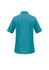 A turquoise women's overblouse with short sleeves and a collar, featuring a logo on the back.